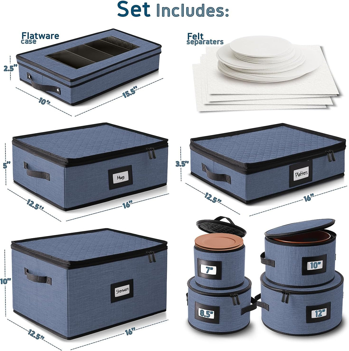 Fine China Storage Containers, 8 Piece Quilted Dish Storage Containers for Flatware & Utensil, Mug, Platter and Wine Glass with Felt Dividers, Durable Dinnerware Dish Organizers for Moving, Blue