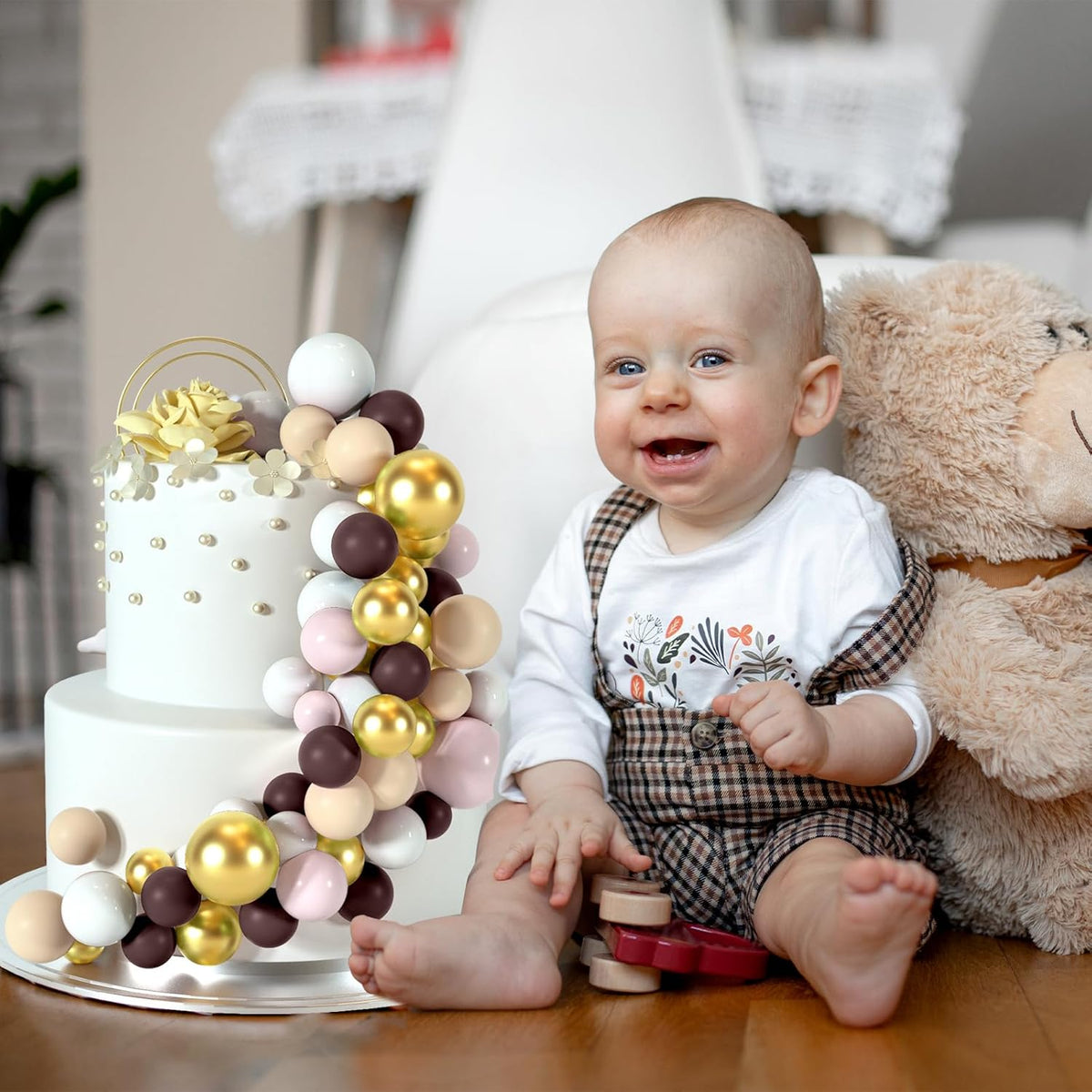 48 Pcs Balls Cake Topper Decorations Balloon Cupcake Toppers Foam Cake Topper Balls for Birthday Party Wedding Cake Decorating(Brown,White,Gold)