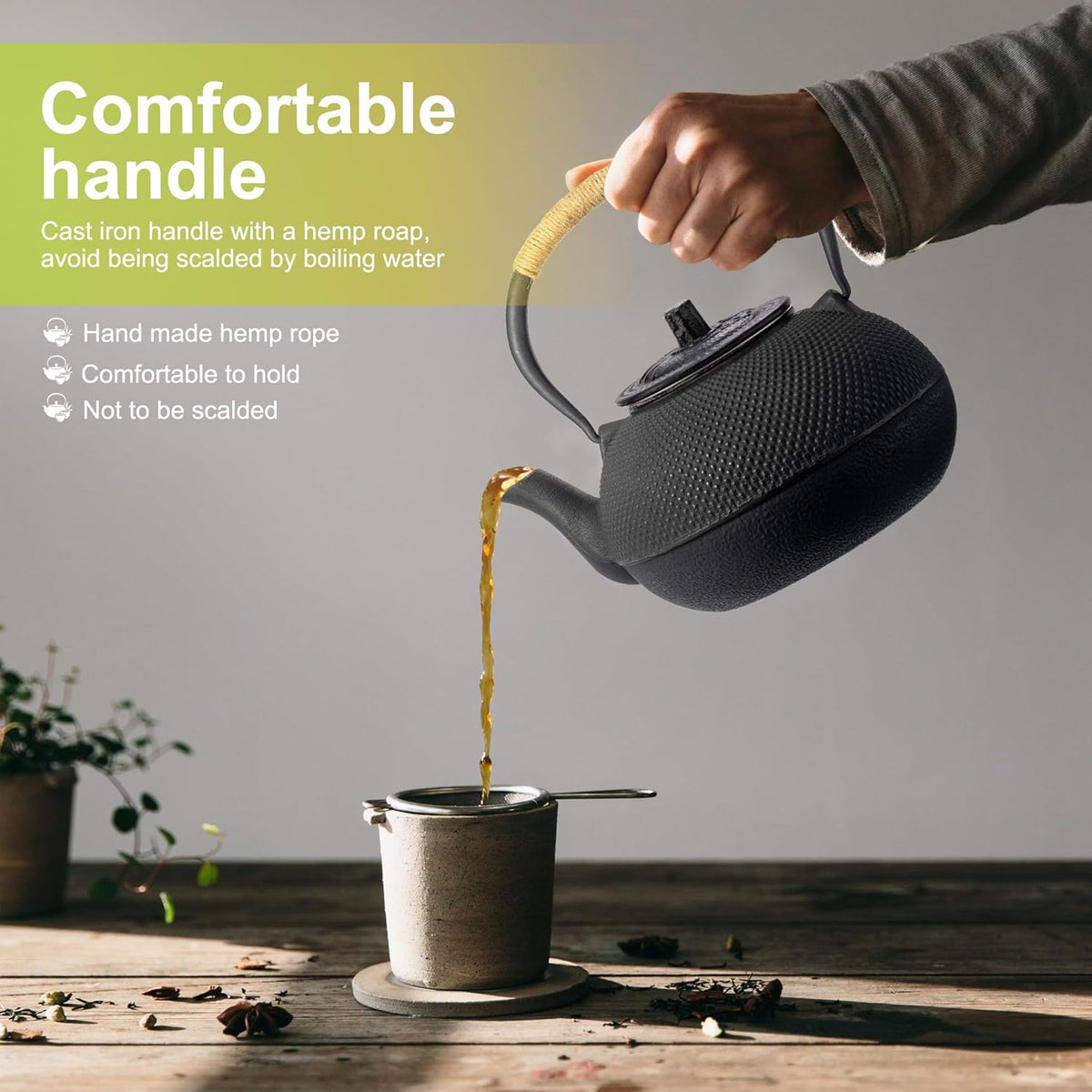 suyika Japanese Tetsubin Cast Iron Teapot Tea Kettle pot with Stainless Steel Infuser for Stovetop Safe Coated with Enameled Interior 30 oz/900 ml
