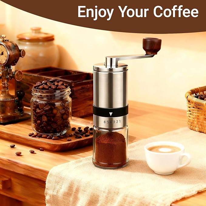 Ceramic Burr Manual Coffee Grinder with 6 Adjustable Coarseness Settings for Espresso Beans French Press Pour Over Drip Stainless Steel Hand Crank Coffee Mill for Home Use or Travel Camping