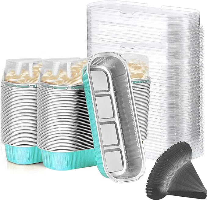Findful Mini Loaf Baking Pans with Lids And Spoons (100 Pack, 6.8oz) Rectangle Aluminum Foil Baking Pans Tins Containers - Cupcake Containers Wrappers Cheesecake Creme Brulee Ramekins