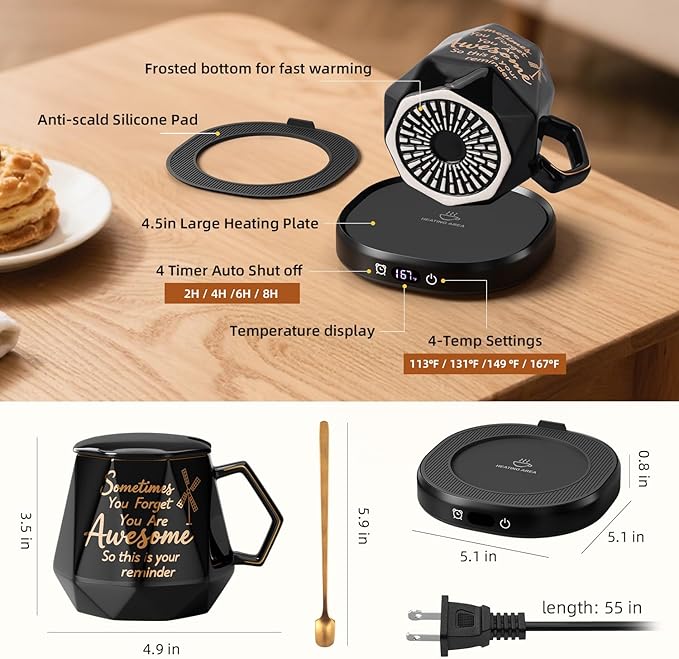 You're Awesome Coffee Mug Warmer Set, Smart Electric Coffee Cup Warmer for Desk Office, 4 Temperature Setting & 8H Auto Shut Off Candle Heater Beverage Coffee Warmer Birthday Thank You Gifts for Women