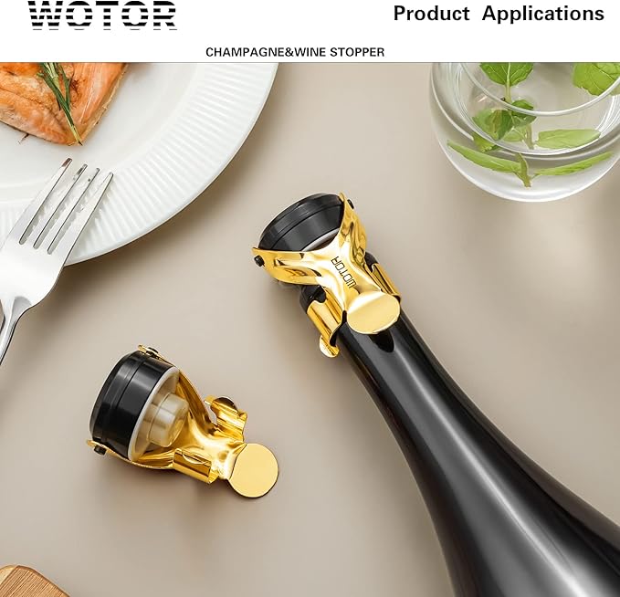 WOTOR Champagne&Wine Bottle Stoppers Stainless Steel with Food Grade Silicone, Leak Proof Keep Fresh Reusable Saver, Cork Suitable for Wine, Champagne, Cava, Prosecco and Sparkling (6 Pack Gold)