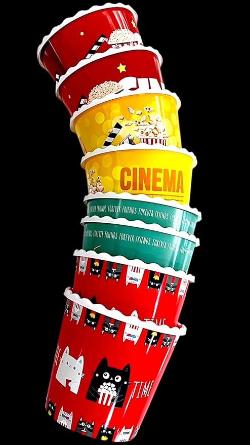 Modern Style Reusable Plastic Popcorn Box/Popcorn Containers/Popcorn Bowls Set for Movie Theater Night - (BPA Free - 8 Pack - 75 oz) (Popcorn Mix Y)