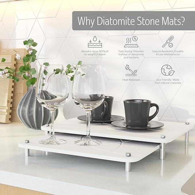 Large Stone Drying Mat for Kitchen Counter | 15.8โ x 11.8โ Dish Drying Mat Large | Diatomaceous Earth Collapsible Stone Dish Drying Mat | Collapsible Stone Mat for Kitchen Counter (White)