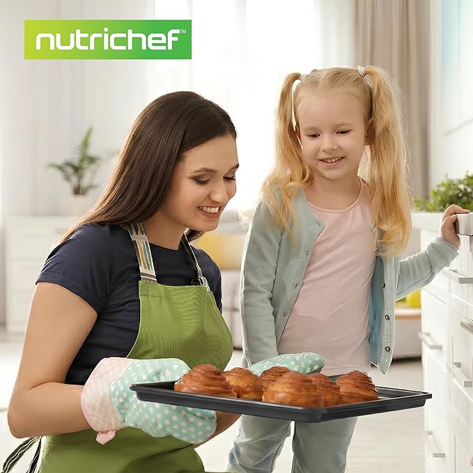 NutriChef 8-Piece Stackable Nonstick Bakeware Set - Premium Steel Baking Pans Set - Includes Round Cake Pan, 6-Cup Muffin Pans, Wide/Square Brownie & Loaf Pans, Cookie Sheet, & Roaster Pan (Black)