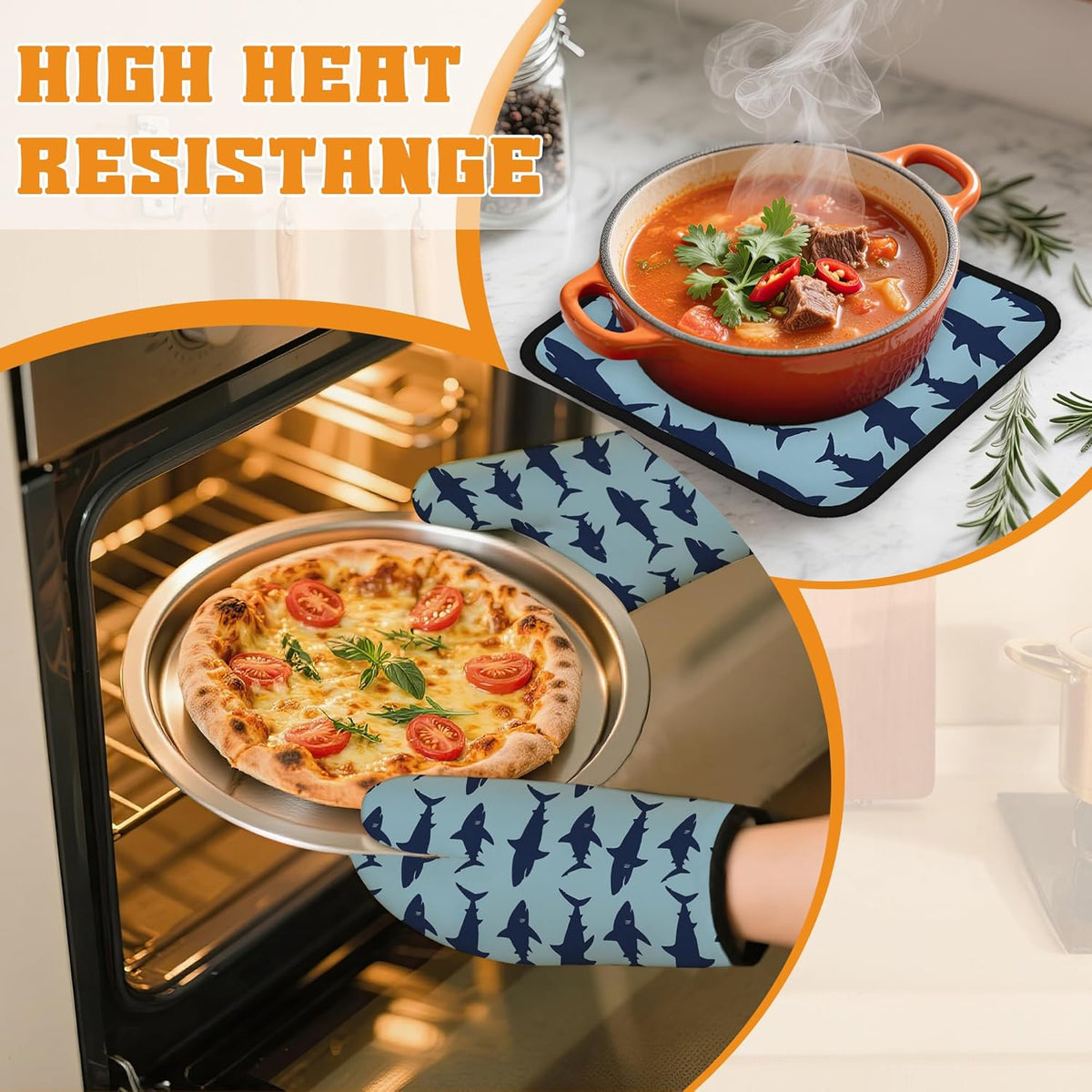 Blue Shark Oven Mitts and Pot Holders,Heat Resistant Oven Mitts Gloves and Pot Holder for Home Kitchen Decorations Cooking Baking BBQ Gifts,Set of 4