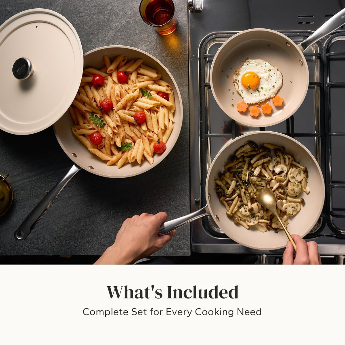 Redchef Nonstick Frying Pans Set, 4-Piece Ceramic Frying Pan, 8" 9.5" 11" Saute Pan Skillet, Non Toxic Ceramic Pan for Cooking, Pots and Pans, PFAS & PTFE & PFOA Free, Dishwasher & Oven Safe, Beige