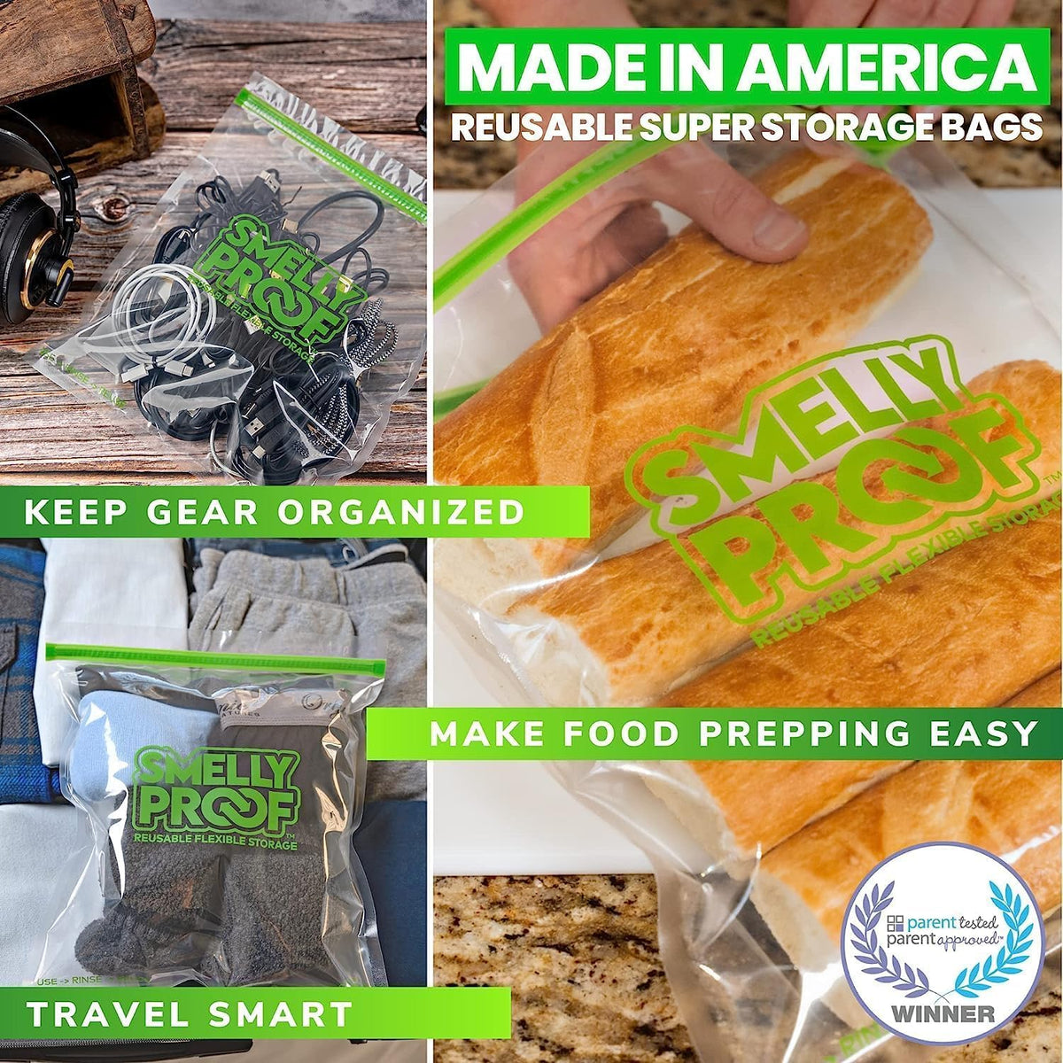 Reusable Storage Bags for Food by Smelly Proof Bags - MADE IN USA, Easy Clean, Dishwasher-Safe, BPA FREE, NO PEVA, XXL 3-mil 2-Gallon Thick Bags, Extra Large Clear FLAT 12" x 16" 15-Pack