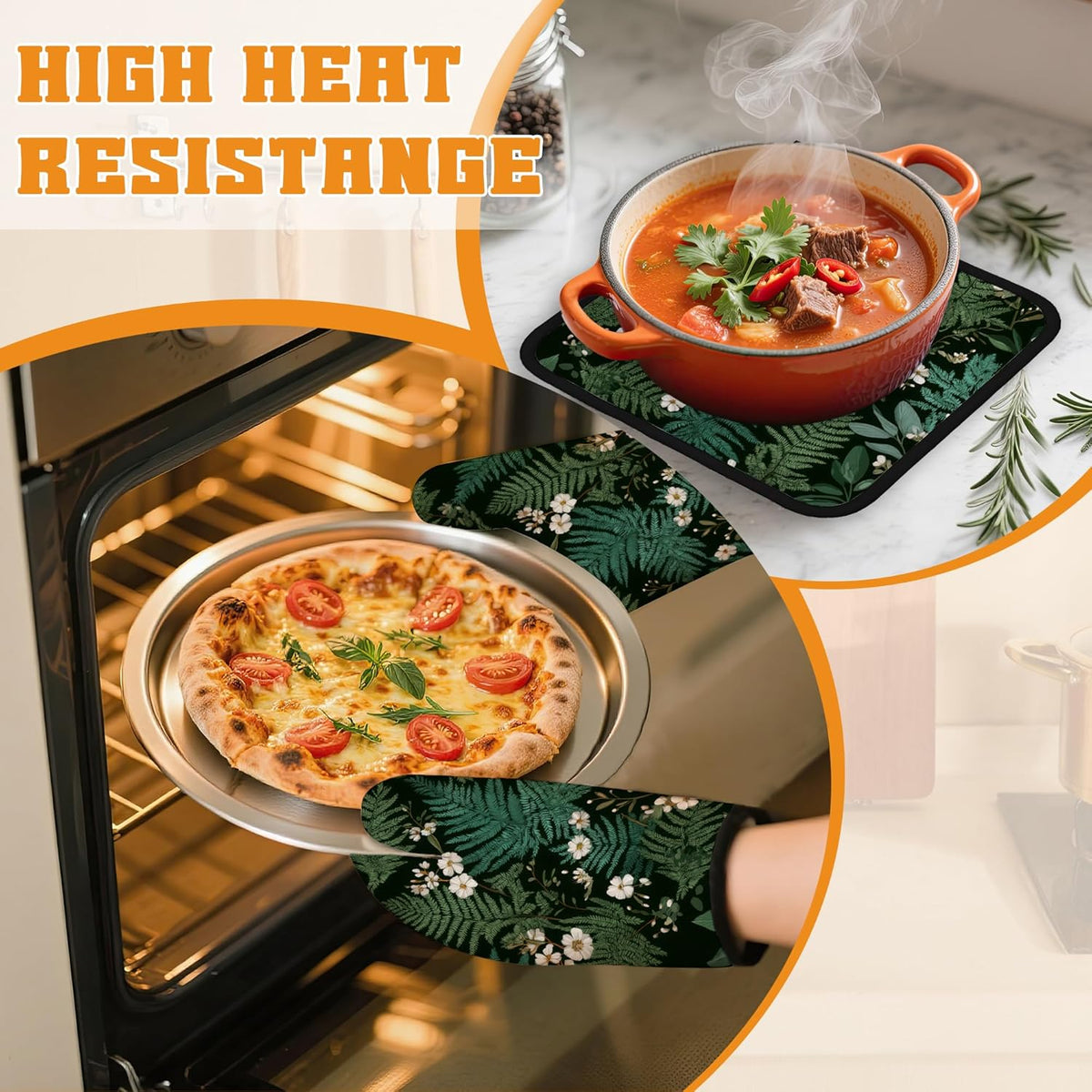 Herbal Fern Flowers Oven Mitts and Pot Holders Set,Kitchen Decor Heat Resistant Non Slip Hot Pads and Oven Mitt for Chef Cooking Baking BBQ Mom Girl Gifts(4 Piece Set)