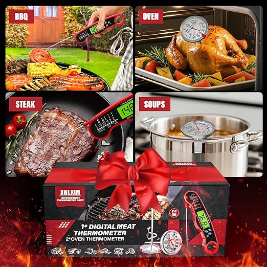 AWLKIM® 3 Pack Meat Thermometer for Cooking - 1 Pack Instant Read Digital Food Thermometer & 2 Pack 2.5-in Extra-Large Dial Stainless Steel Kitchen Oven Meat Thermometers (Safe Leave in Oven)