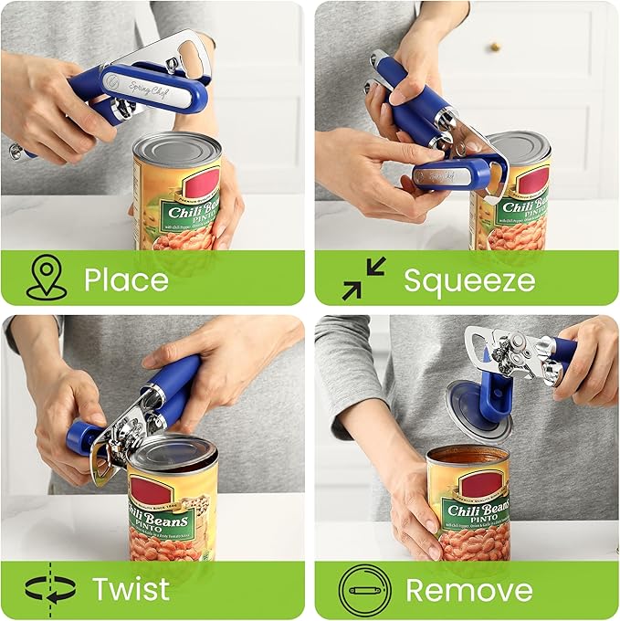 Spring Chef Stainless Steel Can Opener - Manual with Soft Grip Handles, Easy Turn, Heavy Duty Hand Can Openers for Seniors with Smooth Edge - Magnetic Lid Remover - Sapphire