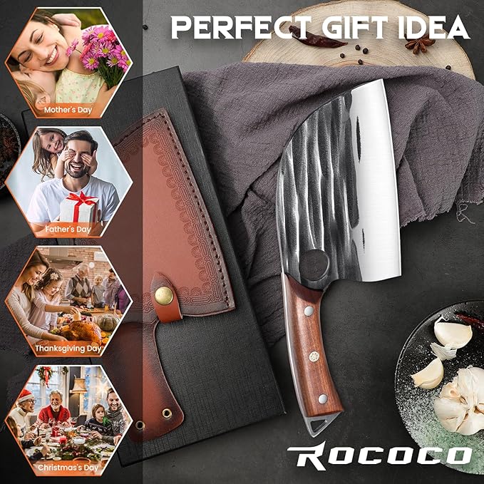 ROCOCO Serbian Chef Knife Butcher Cleaver Knife with Sheath for Kitchen Outdoor BBQ Camping Birthday Father Mother Christmas Gift Men 6.2"