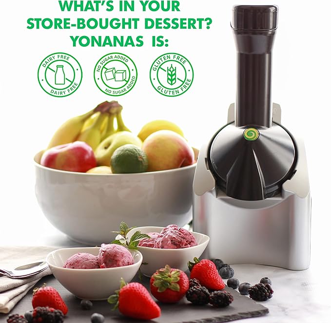 Yonanas Classic Frozen Fruit Soft Serve Maker for Healthy Vegan and Dairy-Free Treats, 200W Silver Machine with 36 Recipes, BPA Free, Easy to Clean, Quick and Simple to Use
