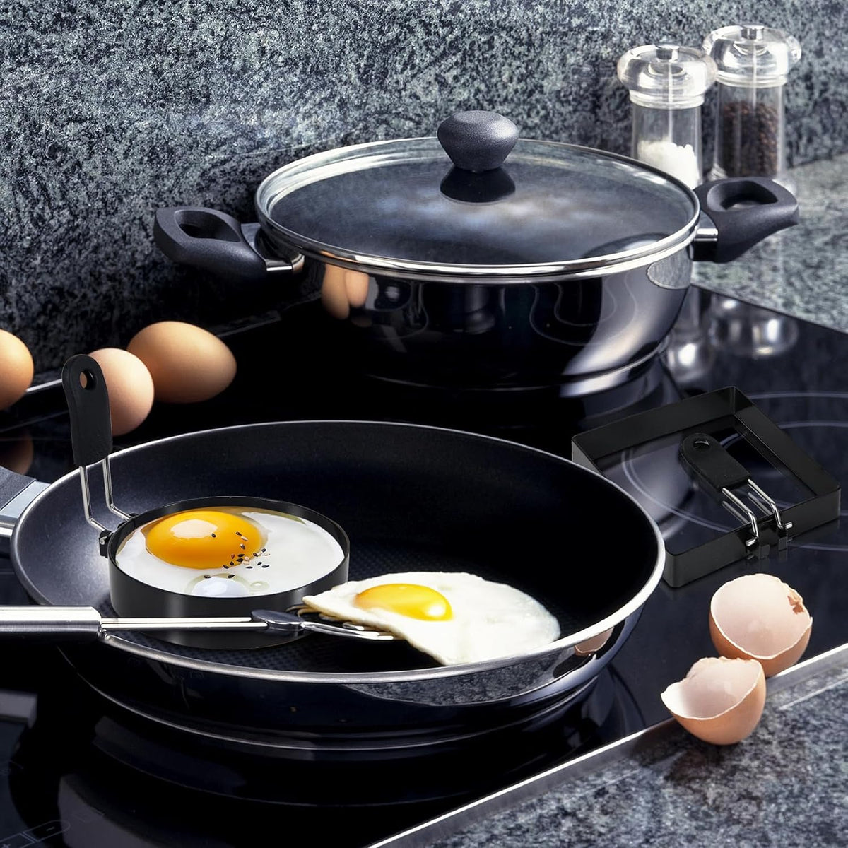 4'' Round+Square Egg Rings Set with Silicone Handle, Stainless Steel Egg Cooking Rings,Nonstick,For Frying Eggs and Egg Mcmuffins, Egg Mold For Breakfast