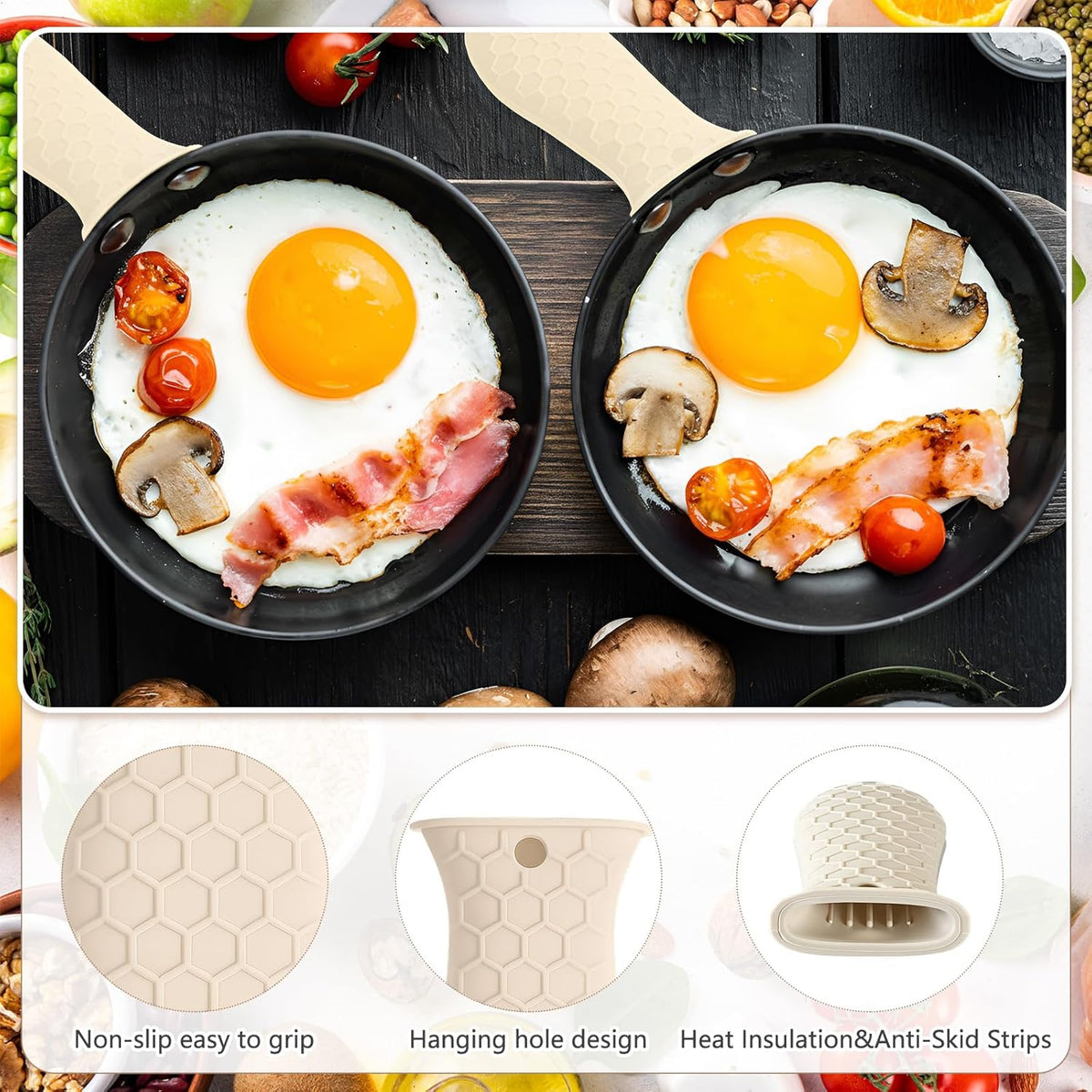 Patelai 2pcs Silicone Handle Cover for Cast Iron Skillet Kitchen Silicone Handles for Pots and Pans Non-Slip Pot Holder Sleeve for Fry Pan Griddles Metal Aluminum Cookware(Beige)