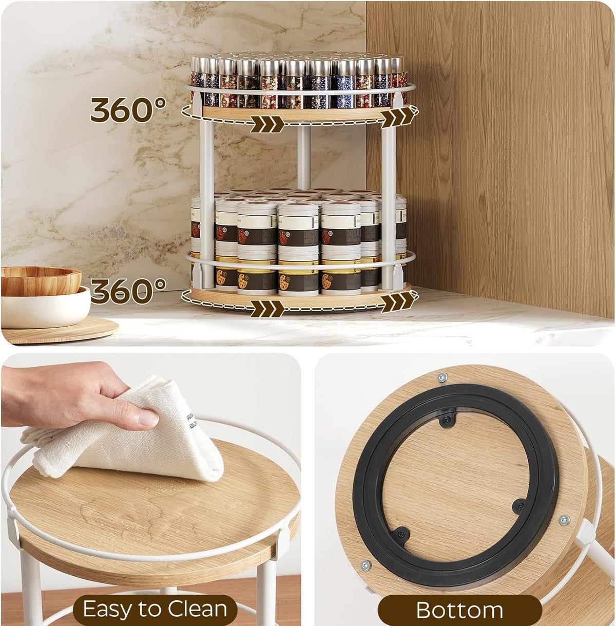 Lazy Susan Organizer, Rotating Spice Rack, 2 Tier Spice Turntable Organizer, Industrial Turntable Spice Holder, for Kitchen Countertop, Compact and Versatile, White and Natural SR22WN