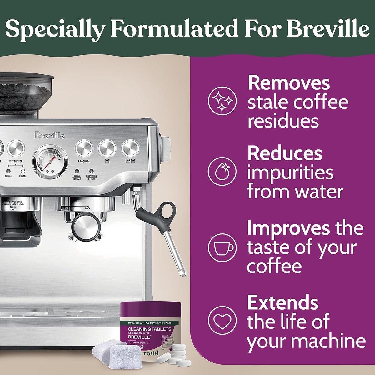 Breville Compatible Espresso Machine Cleaning & Maintenance Kit. Includes 52 Breville Cleaning Tablets and 6 Water Filters. Carbon Neutral. 1 Year Supply.