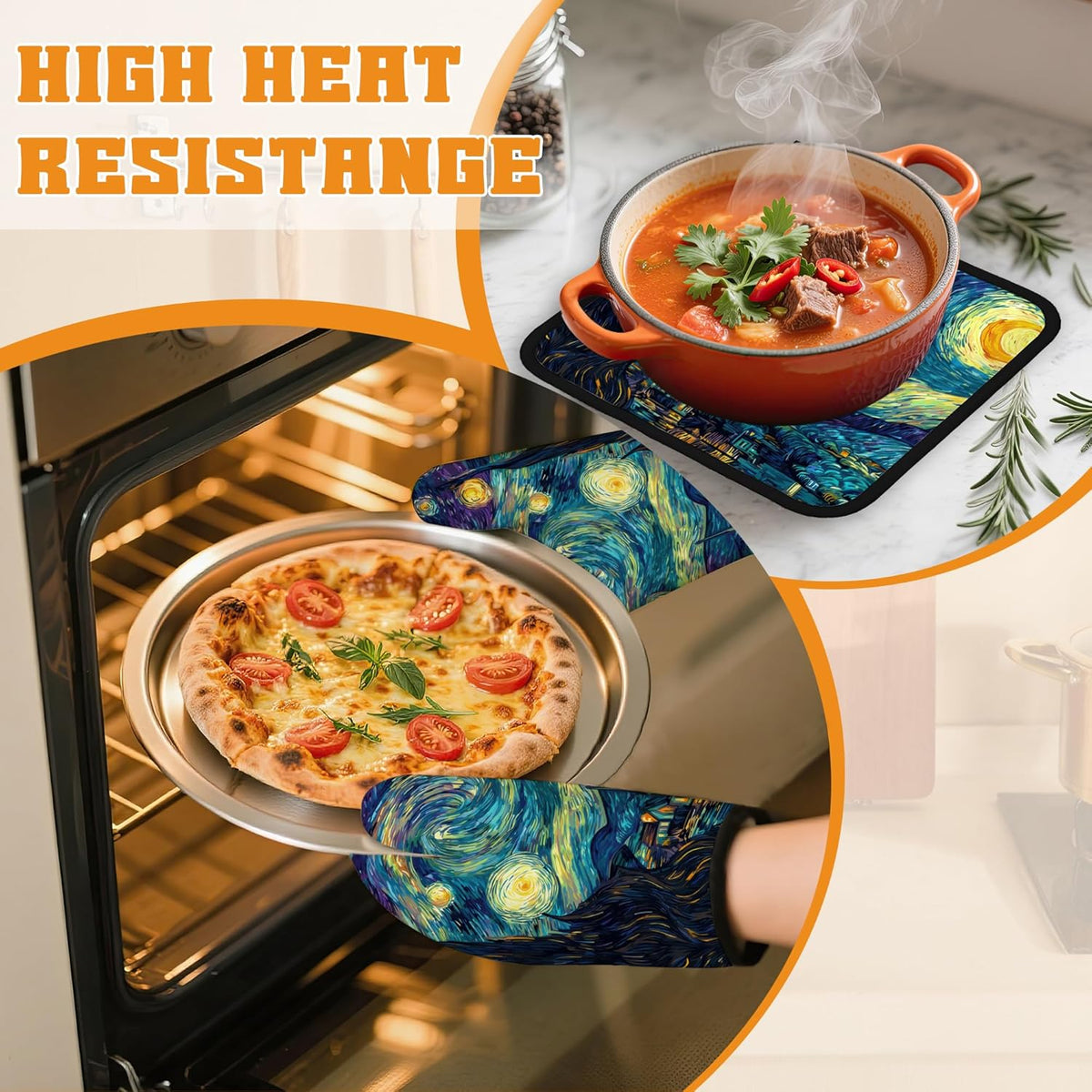 Starry Night Moon Oven Mitts and Pot Holders Set,Village Kitchen Oven Gloves and Pot Holder with Heat Resistant Non Slip for Cooking Baking Grilling(4 Piece Set)