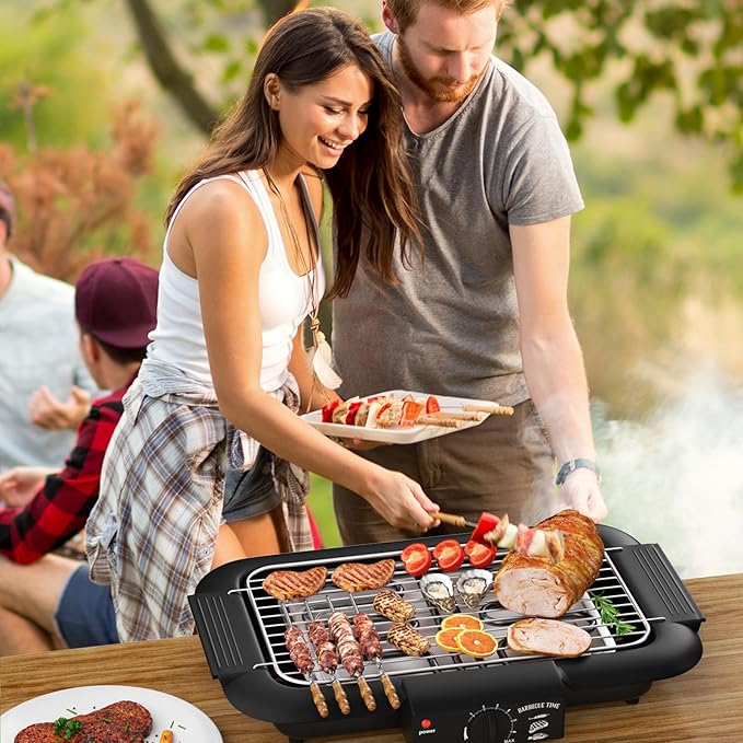 Electric BBQ Grill, Smokeless Non-Stick Indoor/Outdoor Barbecue Grill, 2000W Double tube High Power Portable Removable Stand Grill for BBQ Party (Elegant Black)