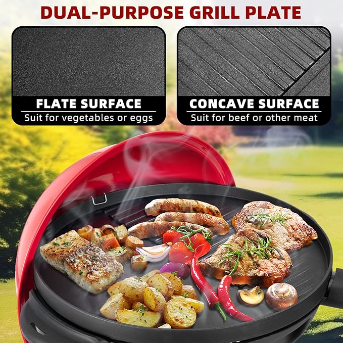 QPMR Electric Grill Outdoor/Indoor,Portable BBQ Grill with Nonstick Surface,200 Square Inches Indoor Electric Barburcue Grill with Adjustable Heat,Stand/Tabletop,for Patio/Yard/Home(Red)