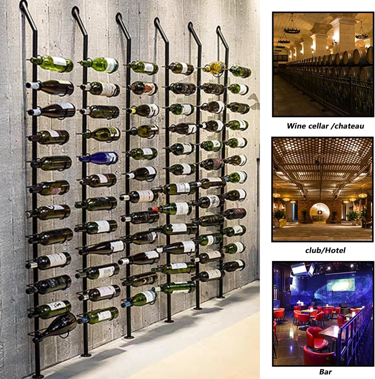 Wine Rack Wall Mounted, 72.8in High Metal Wine Bottle Holder for 12 Bottles, Kitchen Organization and Wine Storage for Commercial Restaurants Pantry Bar Wine Cellar (Black, six rows-72 Bottles)