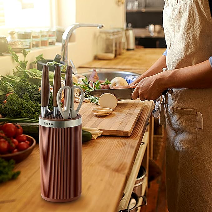 Knife Block Without Knives, JINLIFA Kitchen Knife Holder Block, Universal Knife Storage Organizer Stand Rack for Countertop (Stylish Brown Color)