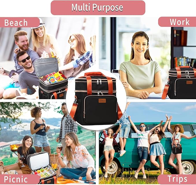 Expandable Insulated Lunch Box for Women Men, Double Deck Large Lunch Bag Tote Leakproof Lunch Cooler with Shoulder Strap for Adults Work Shift Outdoor Picnic Daytrip, (Black, 16L),GLENKEY