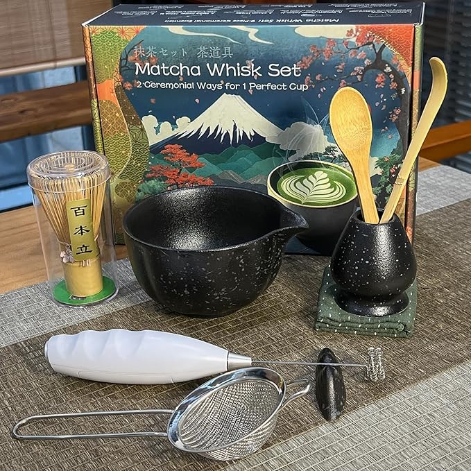 Matcha Whisk Set Incl. Ceramic Bowl With Spout, Whisk (Chasen), Stand, Bamboo Scoop, Sifter, Electric Frother, Tea Towel etc. 9 Pcs Matcha Making Starter Kit, Mottled Black