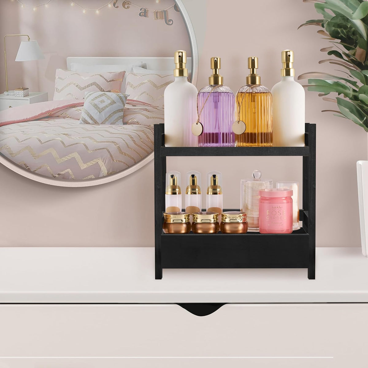 Sorbus Bamboo Bathroom Counter Organizer – 2-Tier Shelf with Hidden Drawer for Vanity, Matcha Station, Bathroom Sink Organizer Countertop, Kitchen & Office Storage (13″ L x 6.5″ W x 12.6″ H) (Black)