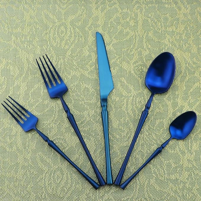 Gugrida Unique & Beautiful Flatware Set - 5 Piece Iridescent Silverware Sets | 18/10 Stainless Steel Reusable Cutlery Set | Blue Utensils Service For 1 with Dessert Fork, Knife, Spoon, Dinner Fork