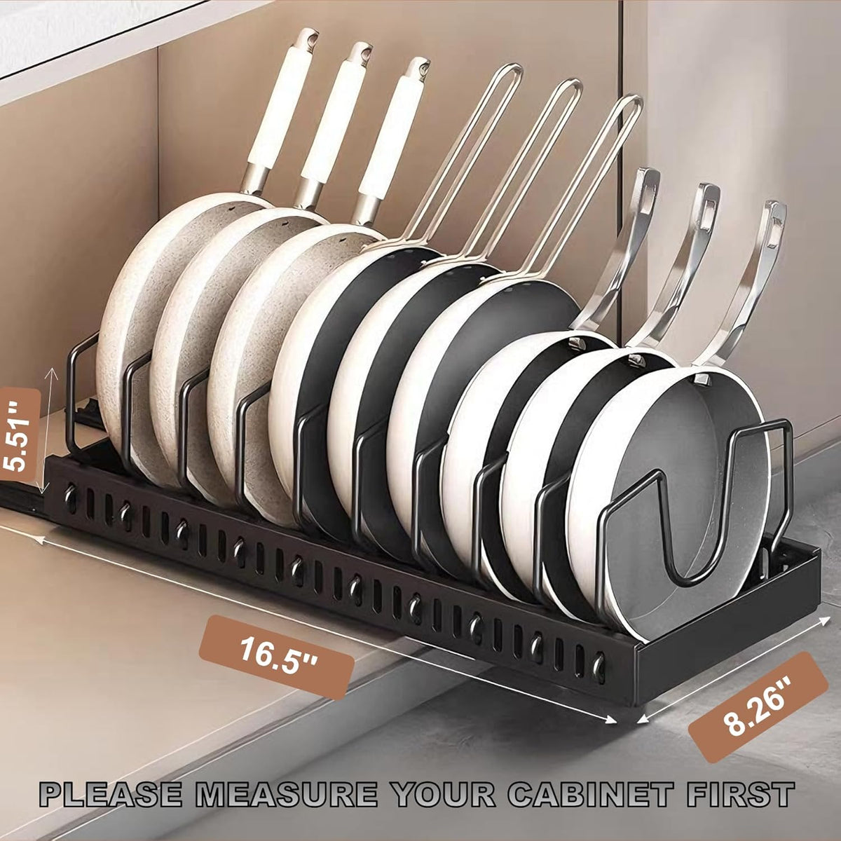 Pots and Pans Organizer for under Cabinet,Pull Out Cabinet Organizer with 8 Adjustable Dividers (Black, Sliding type)