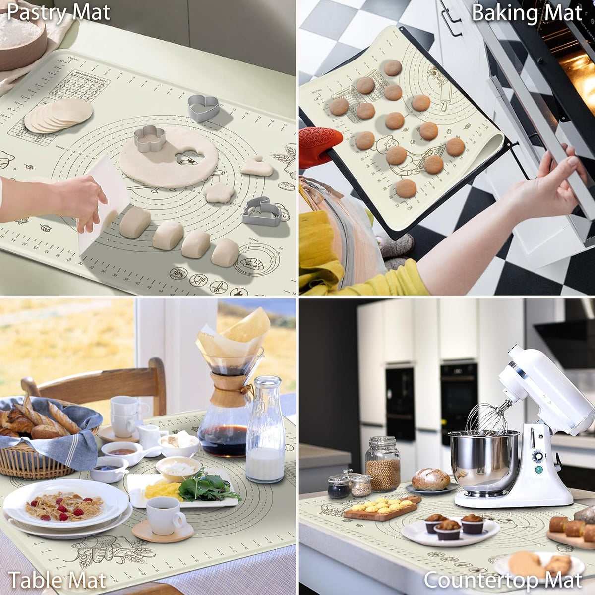 Silicone Baking Mat 28" x 20", Extra Thick Silicone Pastry Mat with Measurements and Edge Heightening, Non-stick Food Grade Dough Rolling Matfor for Pastry, Bread, Cookies, Pizza, Fondant, Pasta