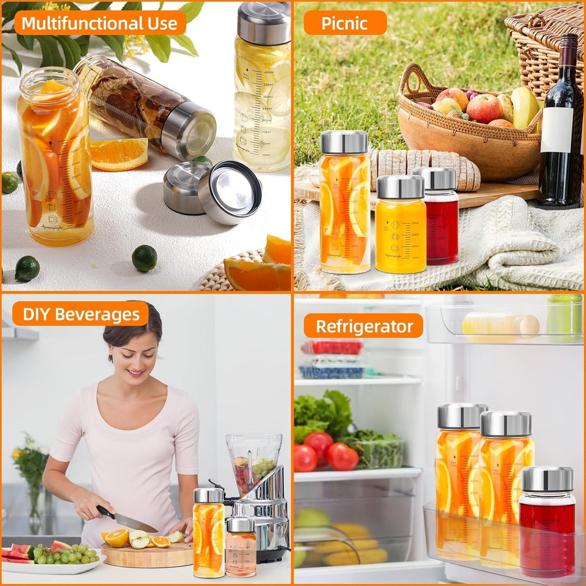 Glass Juice Bottles 6 Pack 16 oz - Wide Mouth Glass Water Bottles with Lids - for Juicing, Smoothies, Milk, Protein, BPA Free, Reusable, Stainless Steel Lids, Leak Proof, Shaker bottle (16oz/500ml)