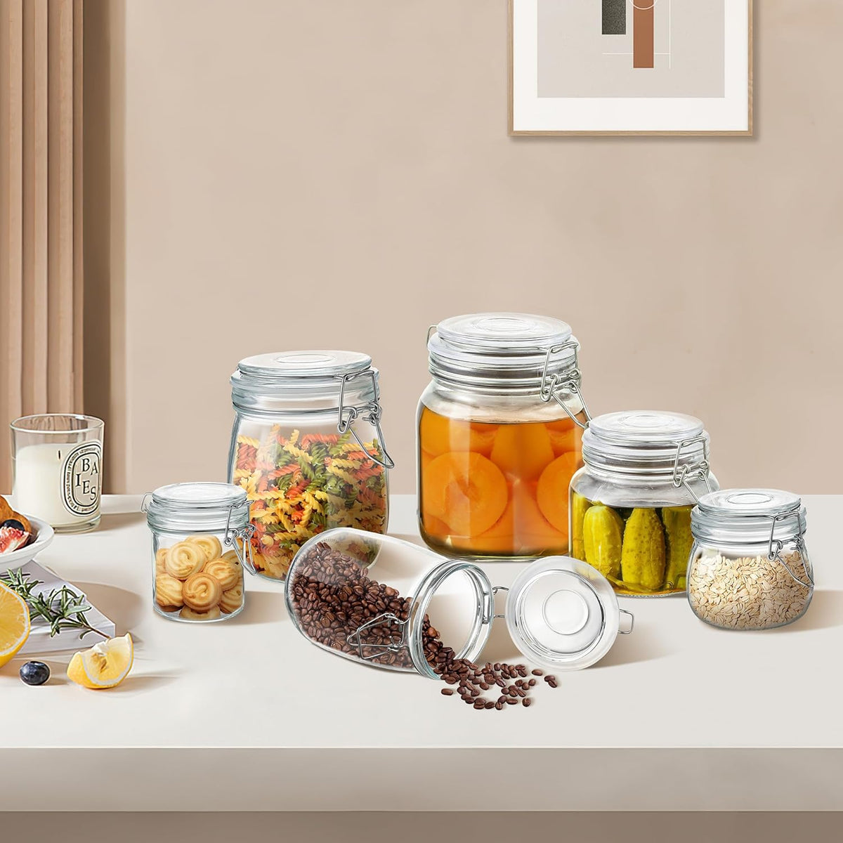 Glass Food Storage Jars with Airtight Lids 10 oz Cylinder 4 Pack Kitchen Storage Containers Small Cabinet Canisters Sealed Pot Canning for Pasta, Cereal, Coffee, Beans, Spice