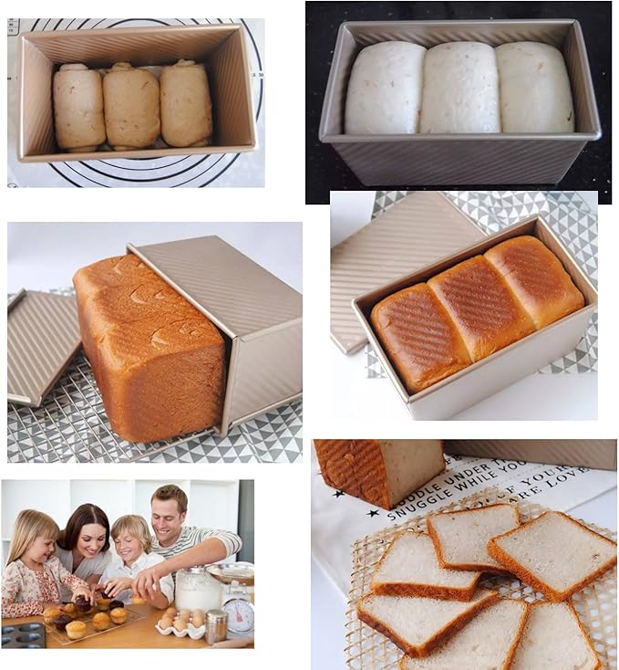 monfish Pullman Loaf Pan w Cover Bread Toast Mold corrugated loaf Pan w lid 1lb dough Alluminumed Steel Non Stick Gold (8.5X4.75X4.375INCH)