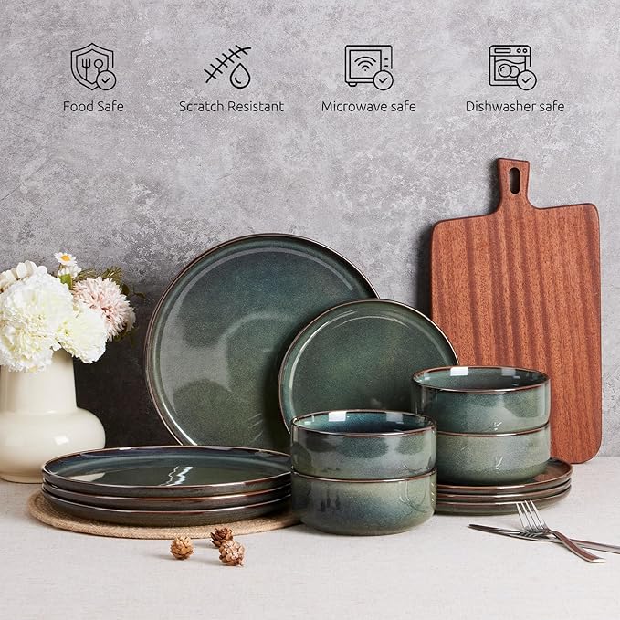 E-far Dinnerware Sets for 6, 18-Piece Stoneware Plates and Bowls Set, Ceramic Dishes Reactive Glaze Dinning Ware, Microwave & Dishwasher Safe - Obsidian Green