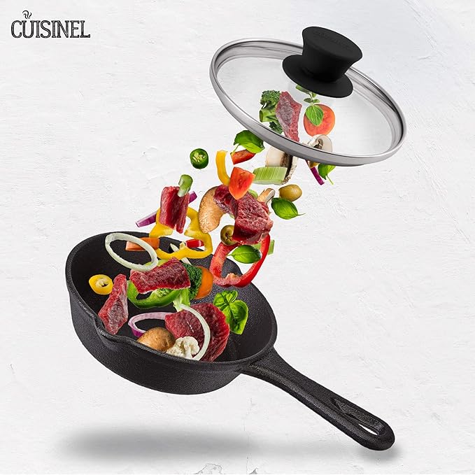 Cuisinel Glass Lid - 6"-inch/15.24-cm/158mm - Compatible with Lodge - Fully Assembled Tempered Replacement Cover - Oven Safe for Skillets Pots Pans - For Any Cookware: Cast Iron, Stainless, Non-Stick