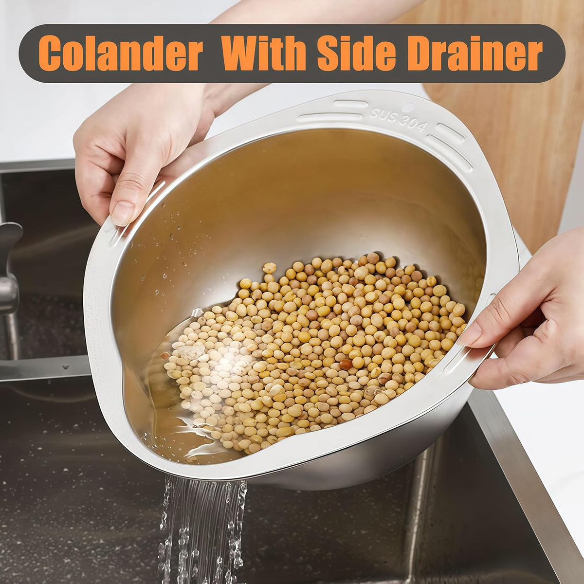 Rice Washer Strainer Bowl, Stainless Steel Washing Bowl, Quinoa Colander Versatile Side Drainers for Cleaning Rinsing Fruits, Vegetables, and Beans - Multifunctional Drain Basket