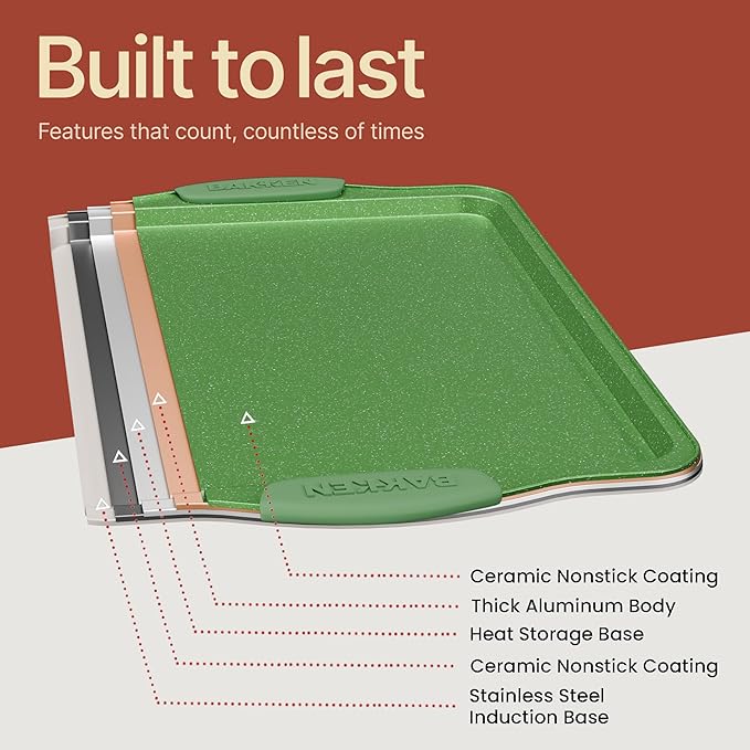 BAKKEN Kitchen Baking Pan Set - Nonstick Green Marble Coating, Carbon Steel Bakeware Sets with Green Silicone Handles, Kitchen Essentials, PFOA, PFOS, PTFE Free, Oven Safe (Up To 450° F), Set of 8