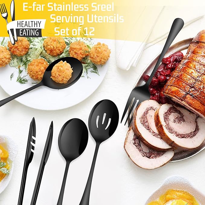 Large Black Serving Utensils Set of 12, E-far Stainless Steel 9.8 Inch Serving Spoons Slotted Spoon, 9.9 Inch Forks, 9.4 Inch Tong for Buffet Catering, Mirror Finish & Dishwasher Safe