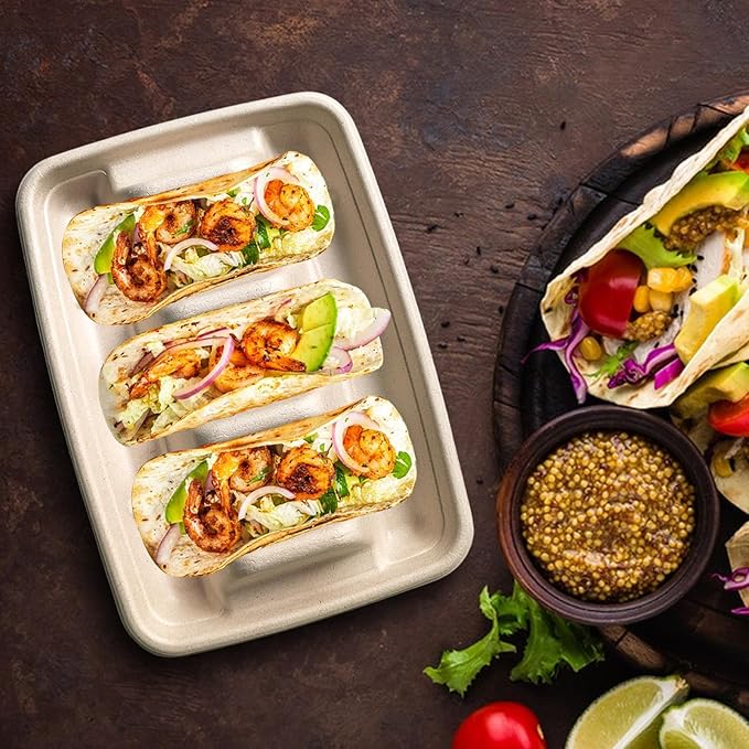 50PCS Disposable Taco Holder for Party,Disposable Taco Plates with 3 Dividers Disposable Taco Holders for Party, Taco Tray Holder, Pulp Fiber Plates Disposable for Taco Tuesday Lazy Susan Taco Bar