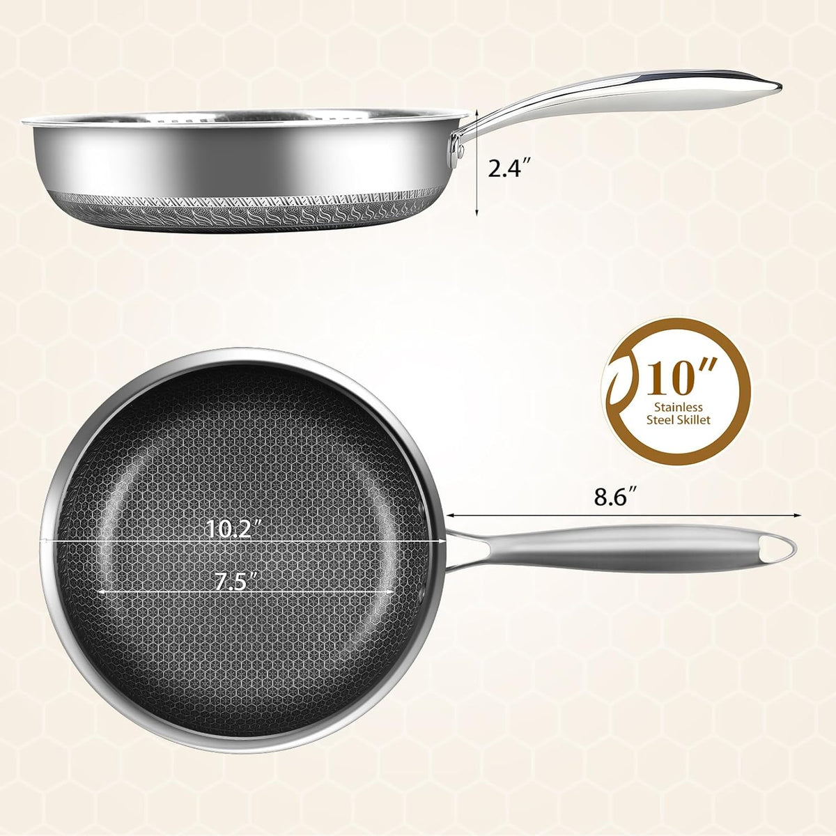 MDHAND 10 Inch Nonstick Frying Pan, Premium Stainless Steel Skillet with Stay-Cool Handle, No Coating, Dishwasher-Friendly, Oven-Safe Induction Ready, Compatible with All Cooktops