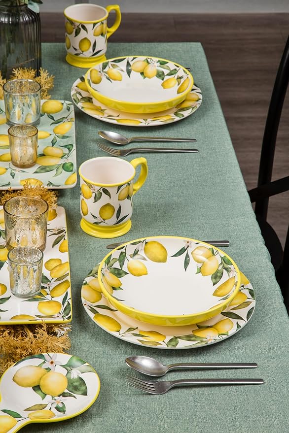 Bico Lemon Dreams Dinner Plates Set of 4, 11 Inch Large Ceramic Plates for Pasta, Steak, Stylish Serving Dishes, Microwave and Dishwasher Safe, Gift for Housewarming and Thanksgiving