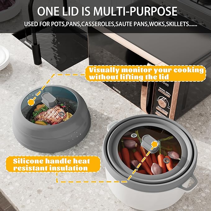 Microwave Splatter Cover, Vented Silicone and Glass Cover Splatter Guard Lid, Food Collapsible Plate Cover Lid with Easy Grip Handle. (Gray, 11.8 inch)
