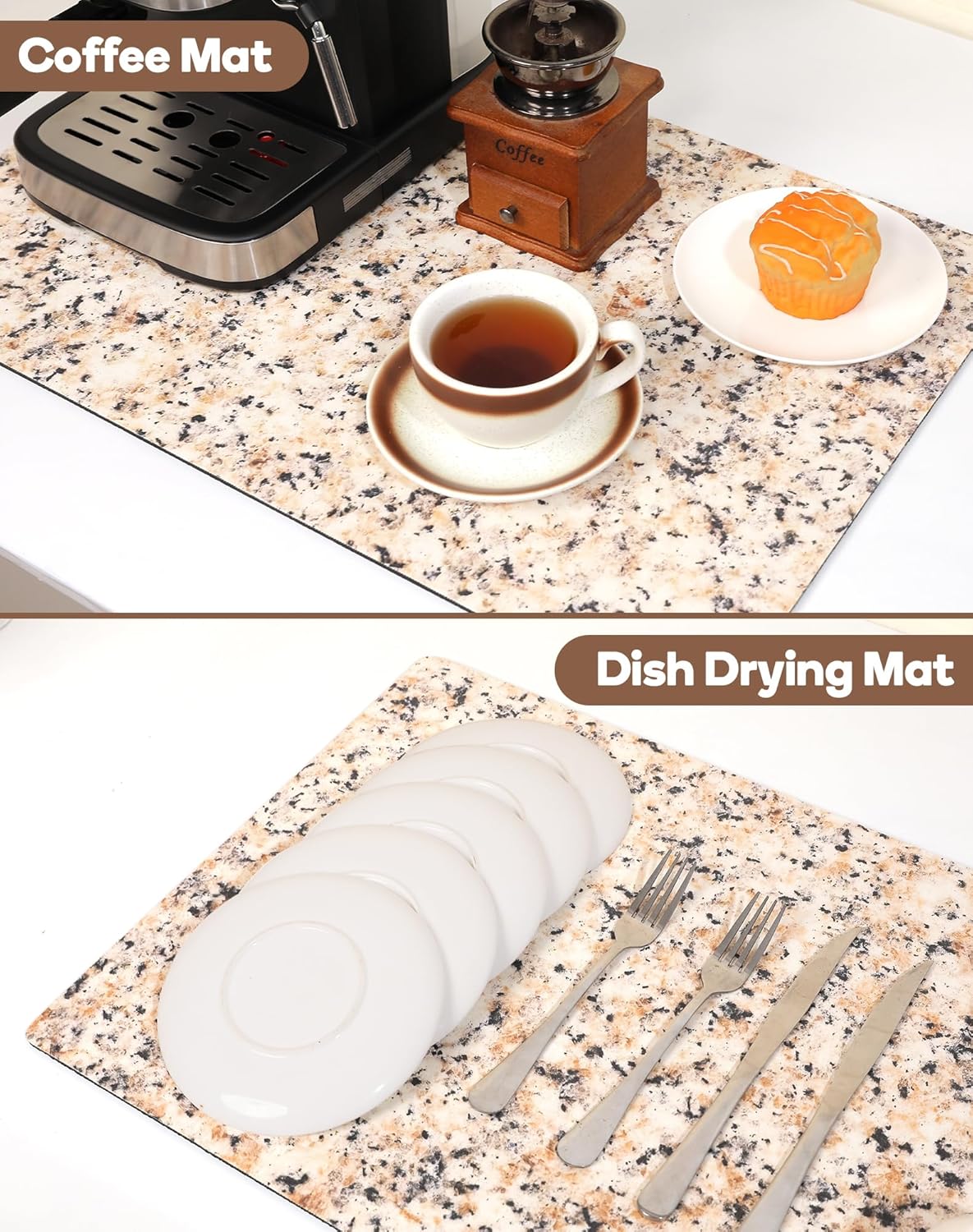 SUEH DESIGN Coffee Mat, Absorbent Dish Drying Mat 23.6 x 15.7 in Quick Dry Coffee Mat Large Drying Mats for Kitchen Counter Coffee Bar, Granite Brown