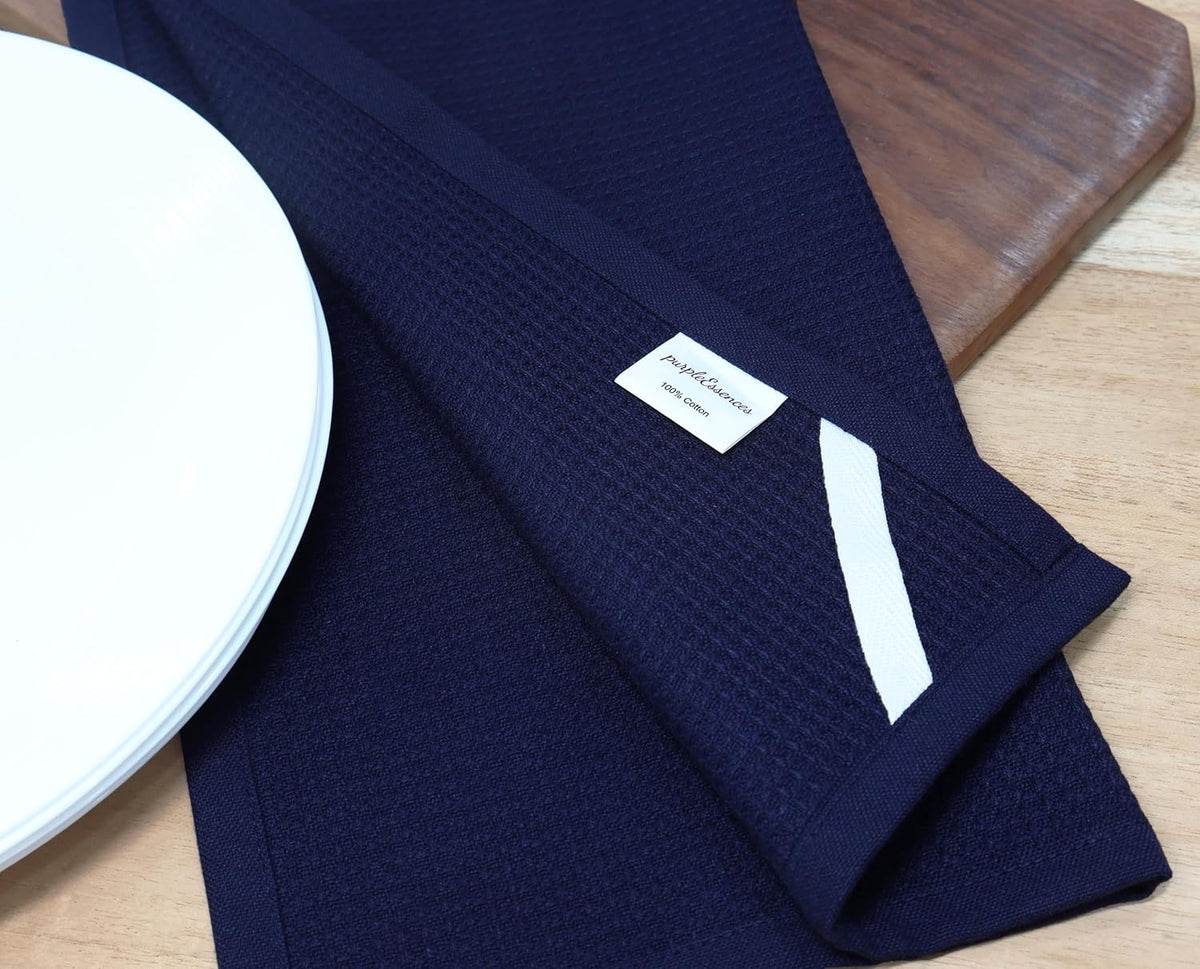 PurpleEssences Waffle Weave Kitchen Towel, 100% Cotton - 15 x 25 Inches, with Hanging Loop Ultra Soft Absorbent Quick Drying Dish Cloth, Tea and Hand Towels, 6 Pack - Navy Blue