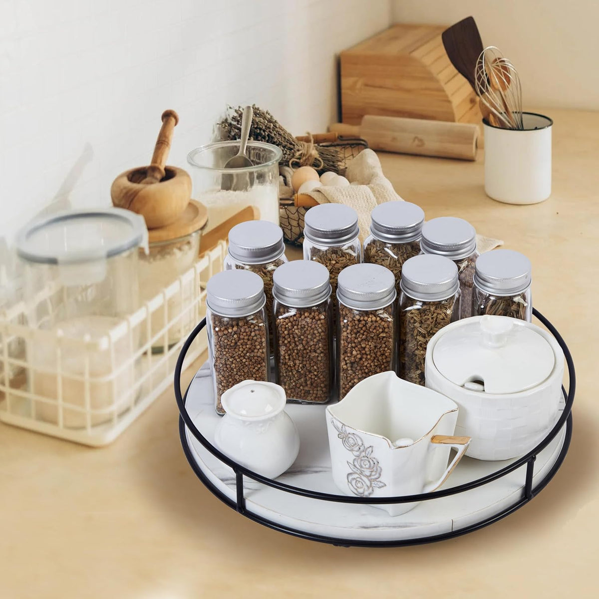12 Inch White Wood Lazy Susan Turntable for Table, Kitchen Rustic Brown Turntable Organizer with Steel Frame, 360 Degree Decorative Lazy Susan for Countertop Cabinet or Centerpieces