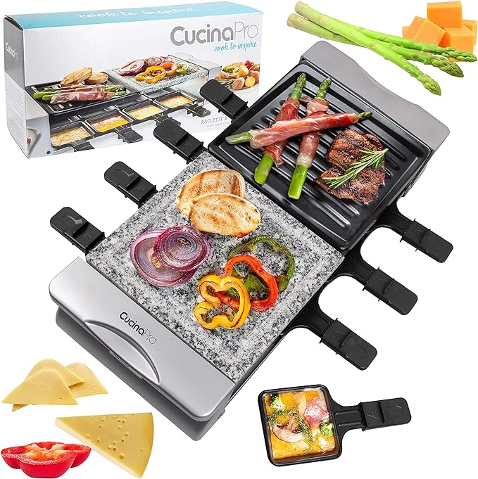 Electric Cheese Raclette Table Grill w Nonstick Grilling Plate & Cooking Stone- Indoor Smokeless Korean BBQ 8 Person Tabletop Cooker Hotplate- Melt or Grill Meat, Veggies for Home Dinner Party or Apps