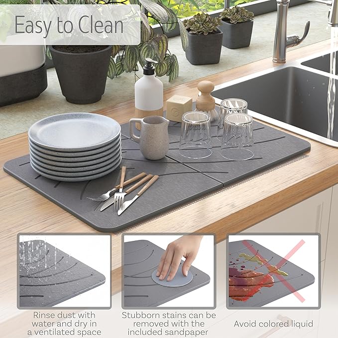 Large Stone Drying Mat with Bamboo Rack | 23.6โ x 15.4โ Diatomaceous Earth Collapsible Stone Dish Drying Mat | Quick Water Absorbing Foldable Dish Drying Stone for Kitchen Counter Racks (Dark Gray)